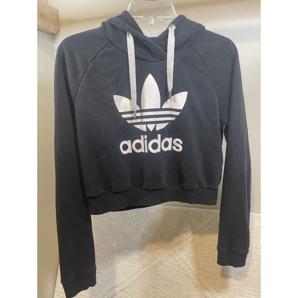 Adidas Trefoil Women's Black Sweatshirt Size Medium Cropped Hoodie Skater Grunge